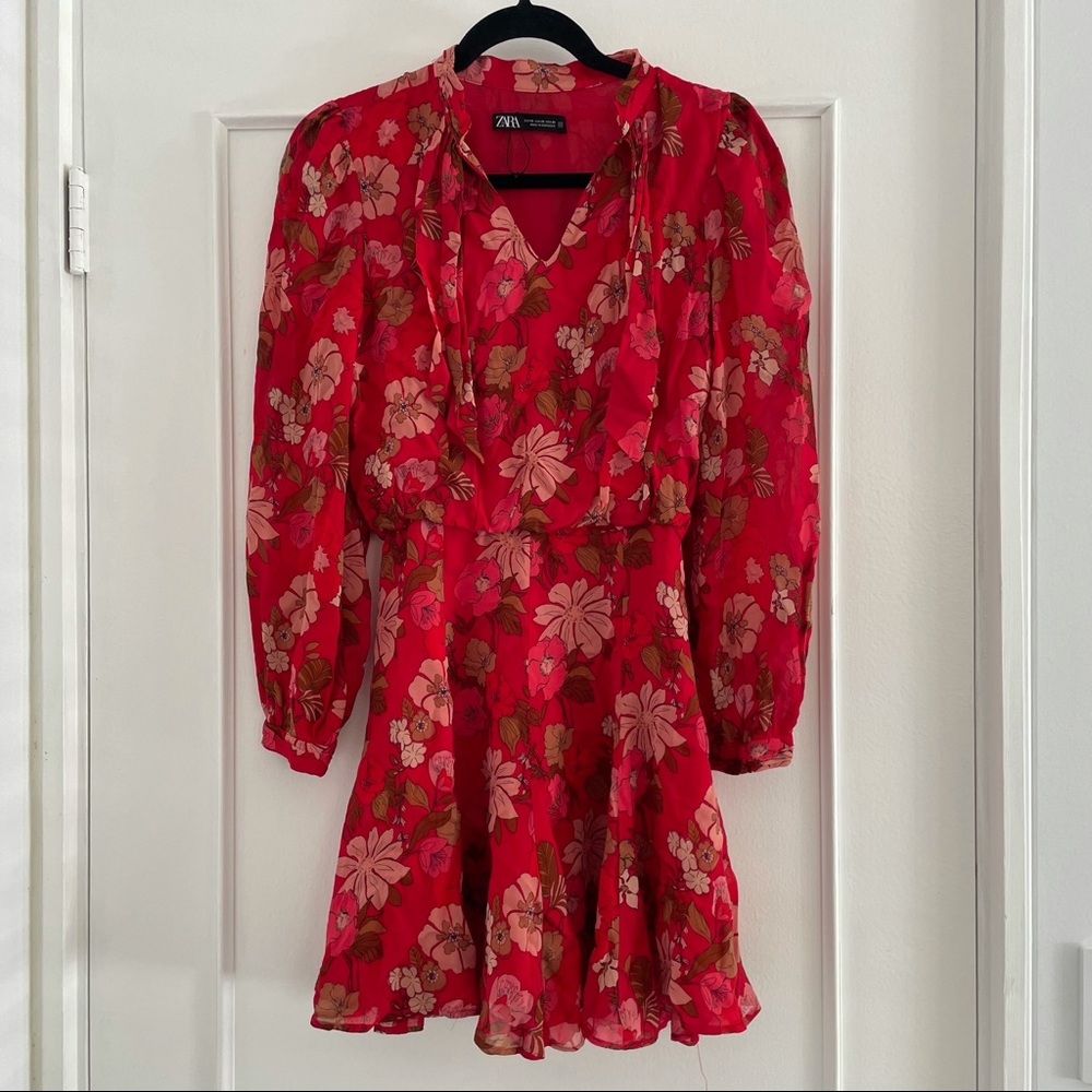 ZARA floral print neck tie dress - Picture 4 of 9